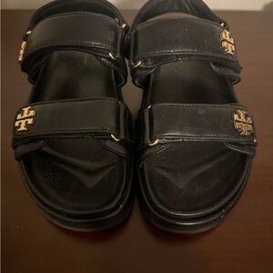 Tory Burch Black Sandals with Gold Accents worn